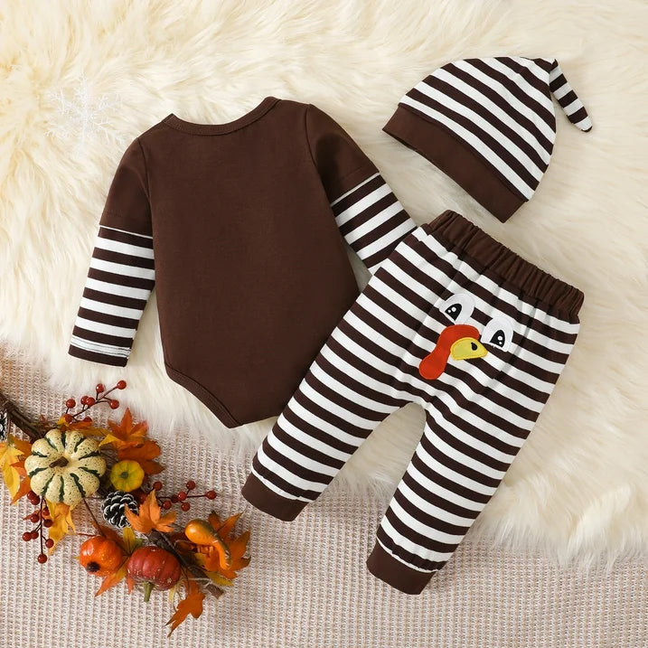 3PCS My 1st Thanksgiving Letter Printed Striped Baby Set