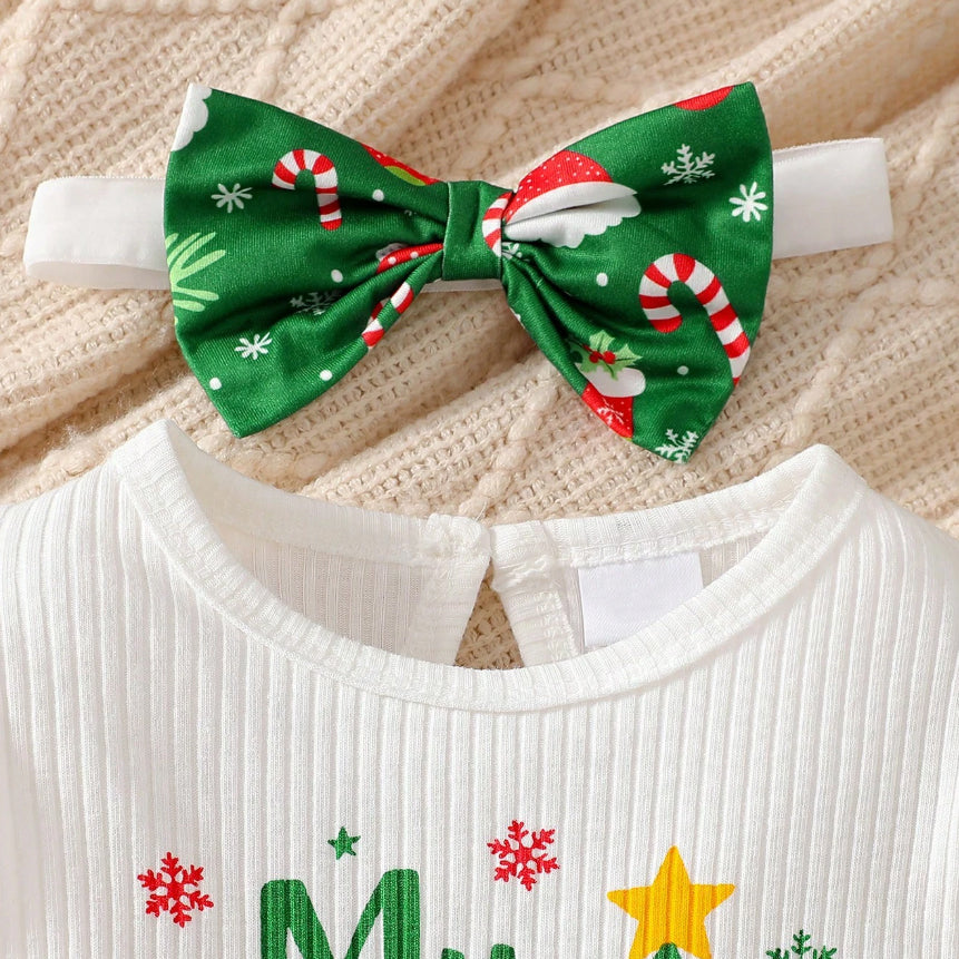 3PCS My 1st Christmas Letter Santa Claus Print Baby Girl Set