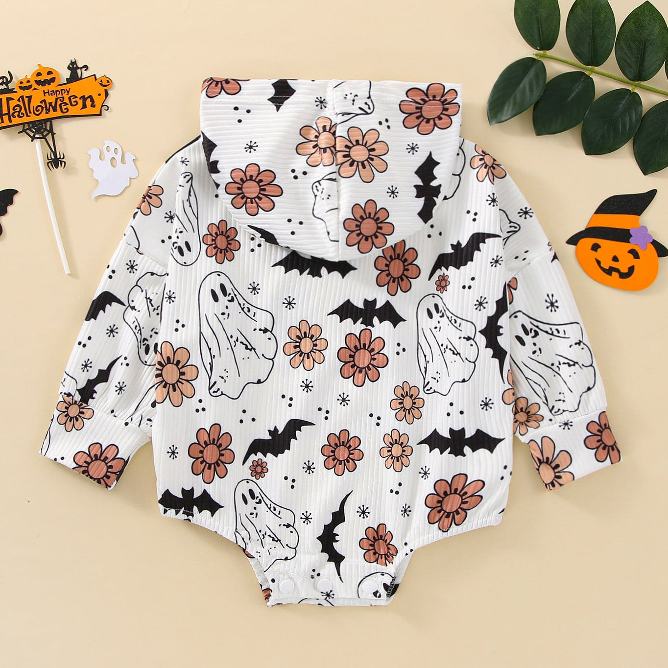 Halloween Ghosts and Bats Printed Hoodie Long Sleeve Baby Romper