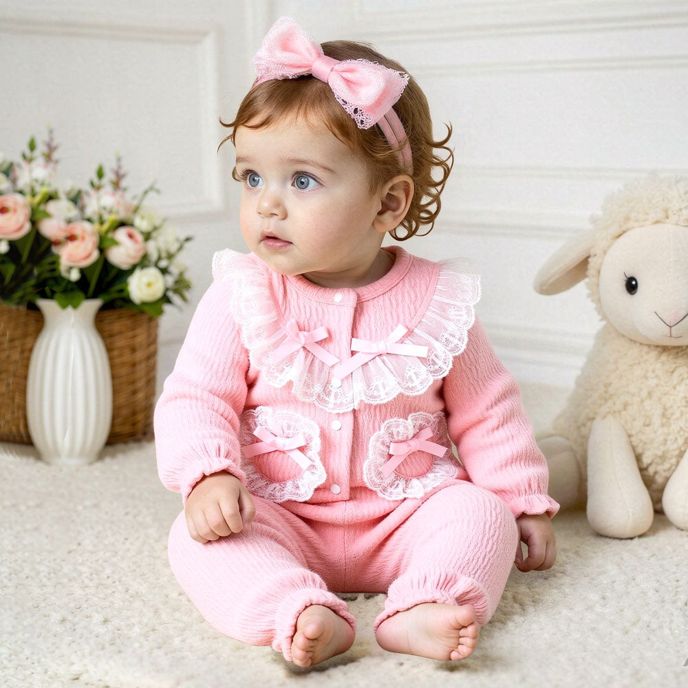 2PCS Adorable Solid Color Long Sleeve Lace Baby Girl Jumpsuit