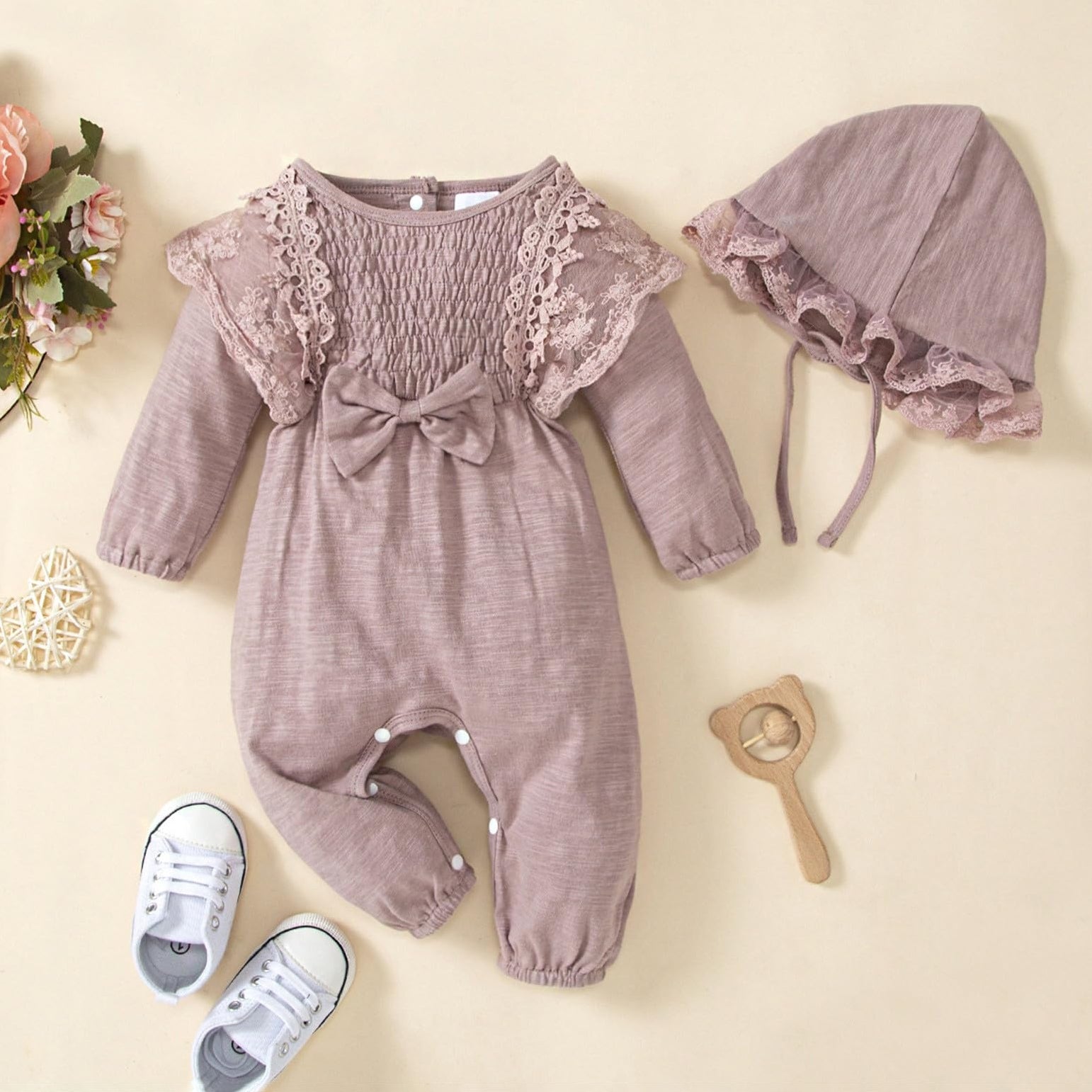 2PCS Trendy Solid Color Lace Decoration Long Sleeve Baby Jumpsuit