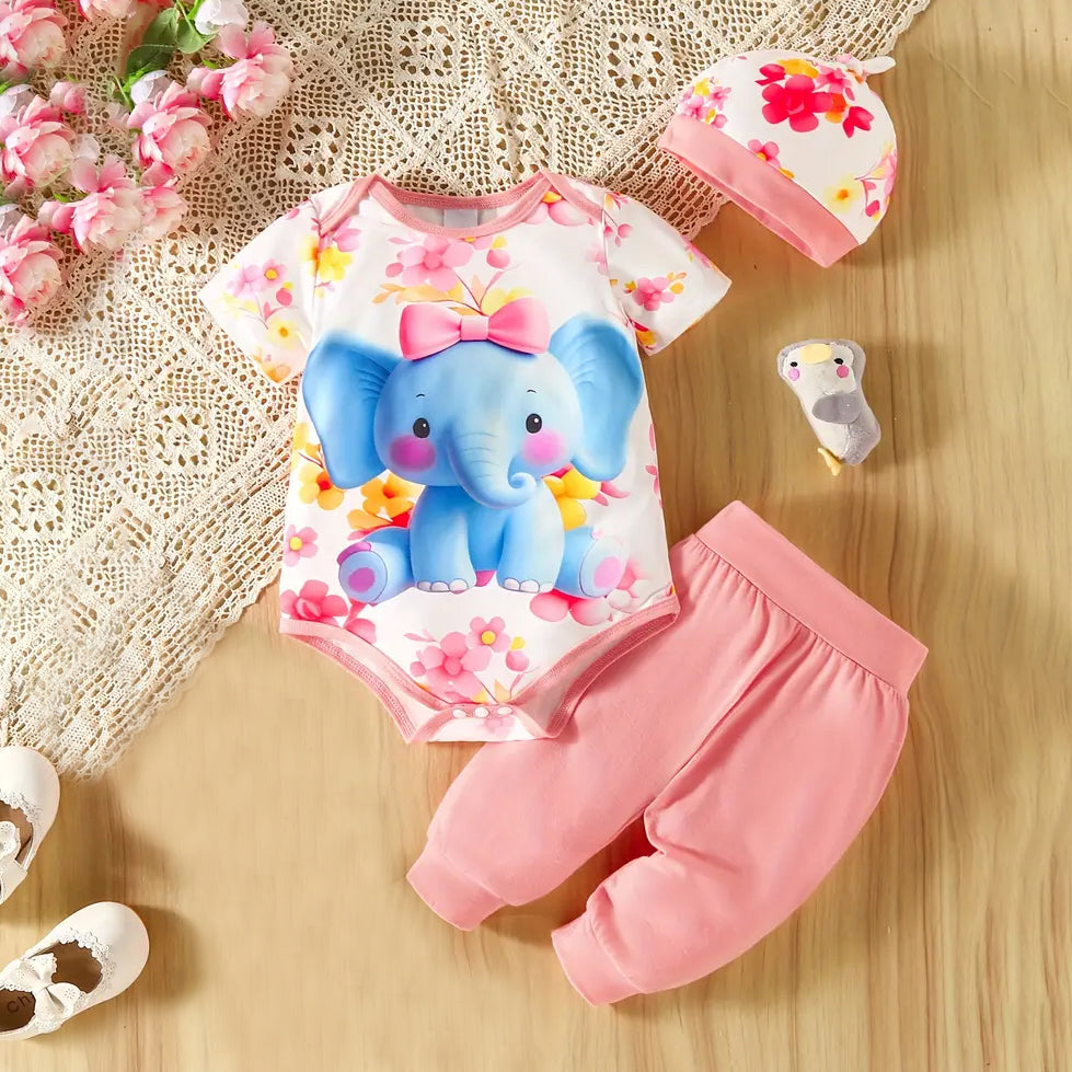3PCS Sweet Floral Elephant Printed Baby Set