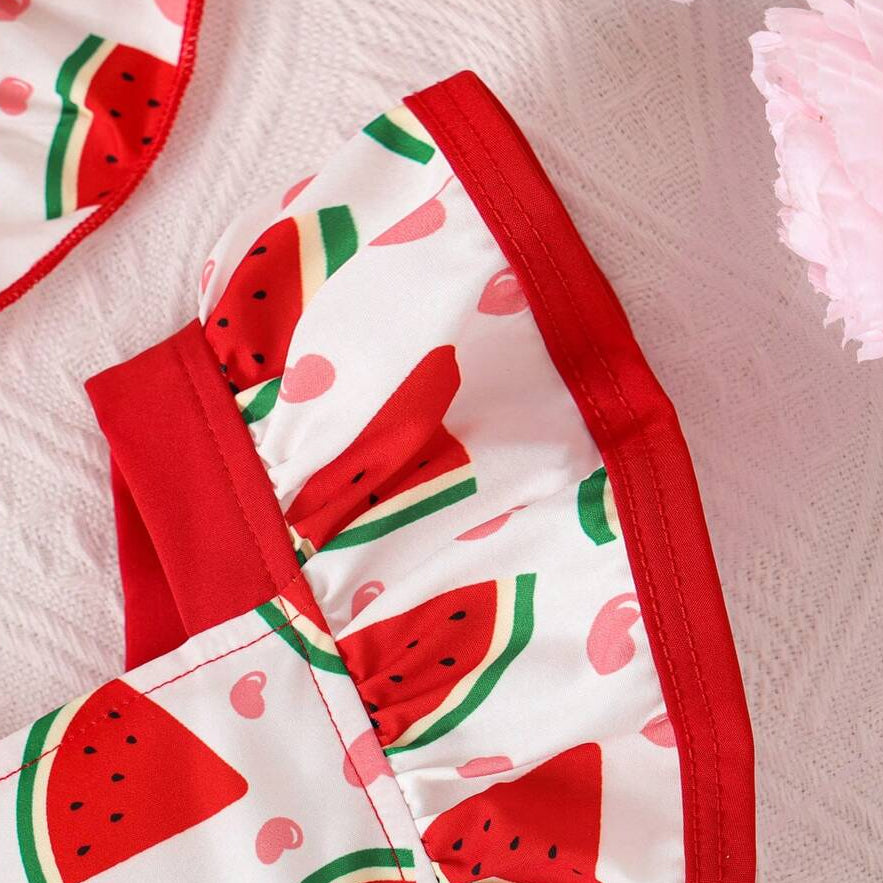 2PCS Cute Strawberry Print Flounce Sleeve Baby Girl Jumpsuit