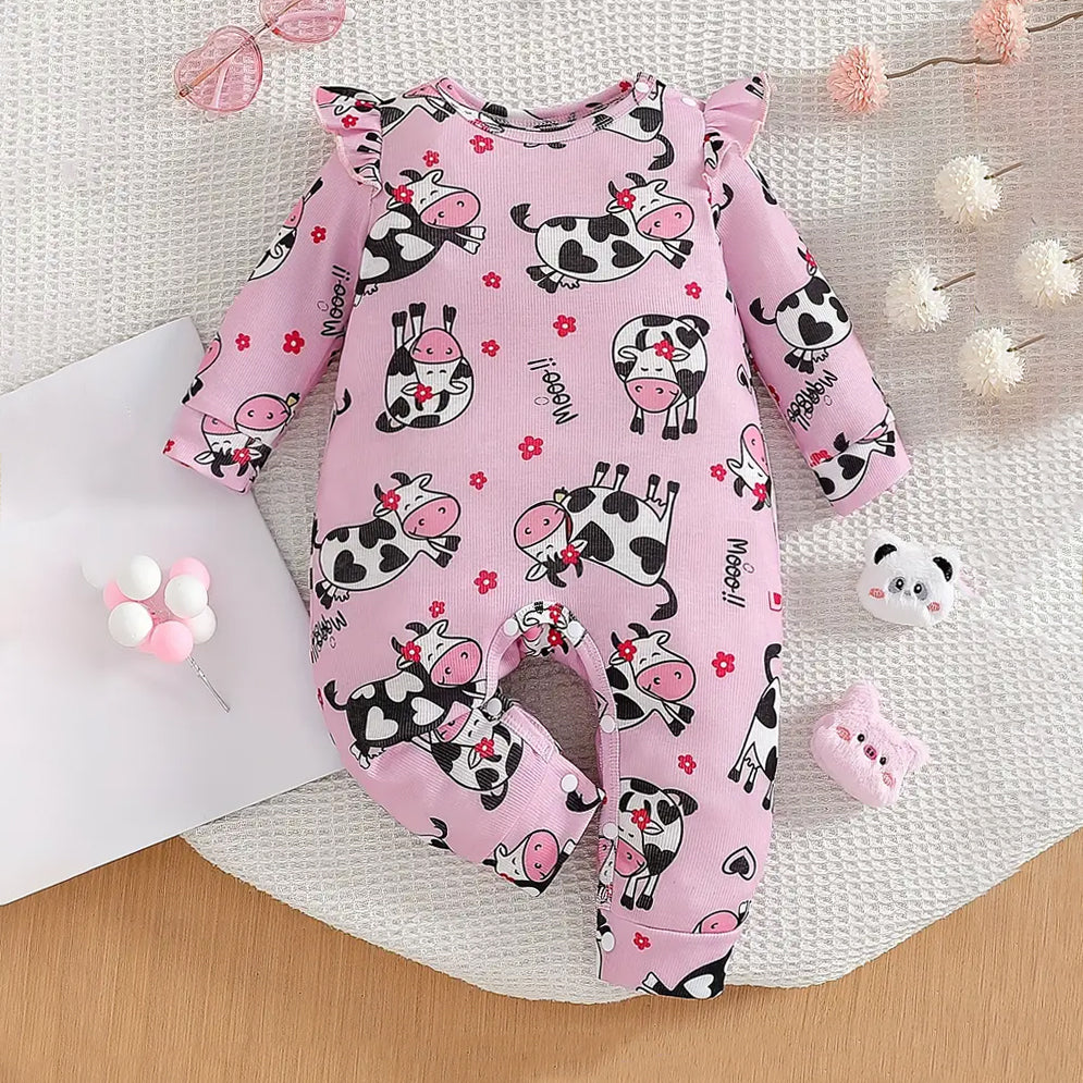 Casual Mooo Letter Cow Floral Printed Long Sleeve Baby Jumpsuit