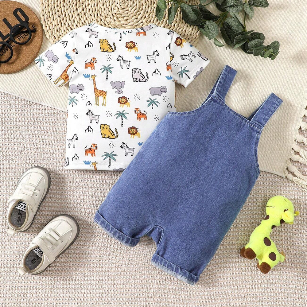 2PCS Cute Animal Printed Top And Embroidered Denim Overalls Baby Set
