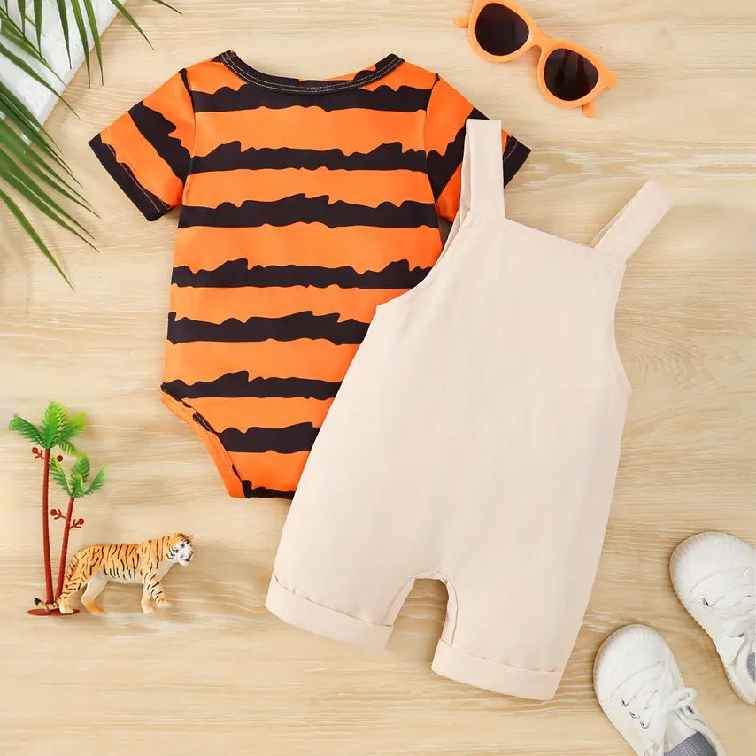 2PCS Adorable Stripe Tiger Printed Short Sleeve Baby Overalls Set