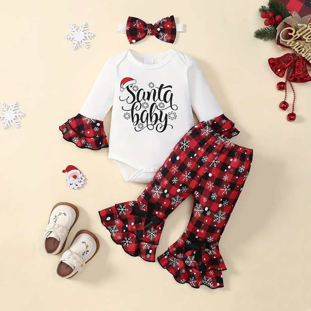 3PCS Santa Baby Letter Snowflake and Plaid Printed Long Sleeve Baby Set