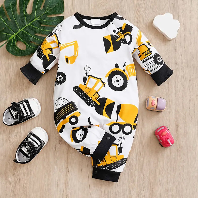 Cute Cartoon Bulldozer Printed Long Sleeve Baby Jumpsuit