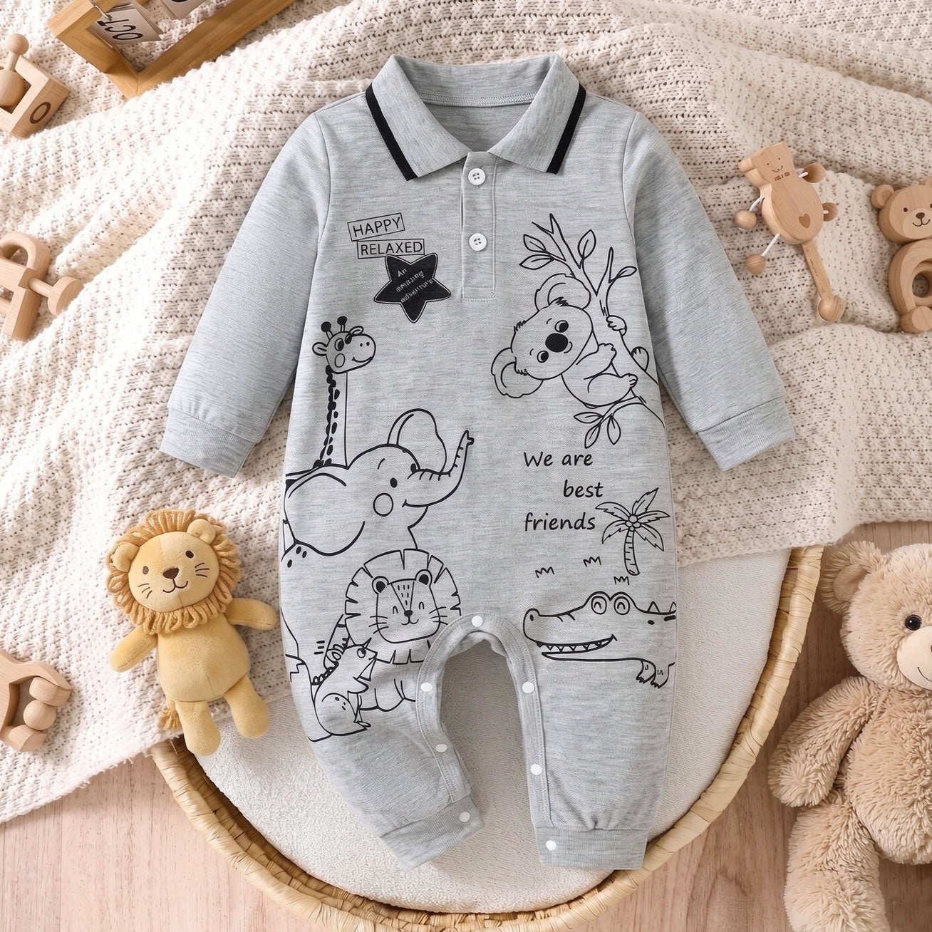 Cute Animal and Letter Printed Long Sleeve Baby Boy Jumpsuit