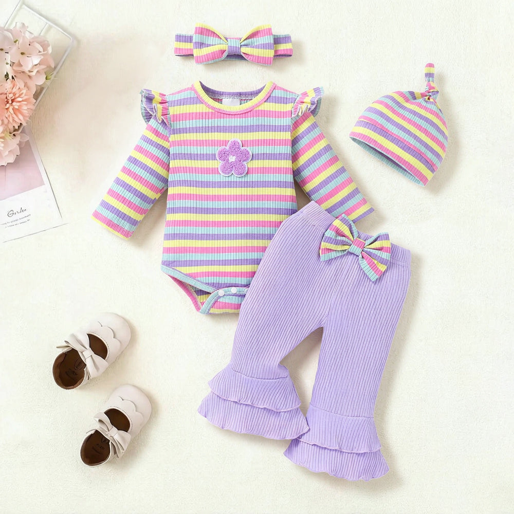 4PCS Radiant Floral Applique Stripe Printed Long Sleeve Baby Set