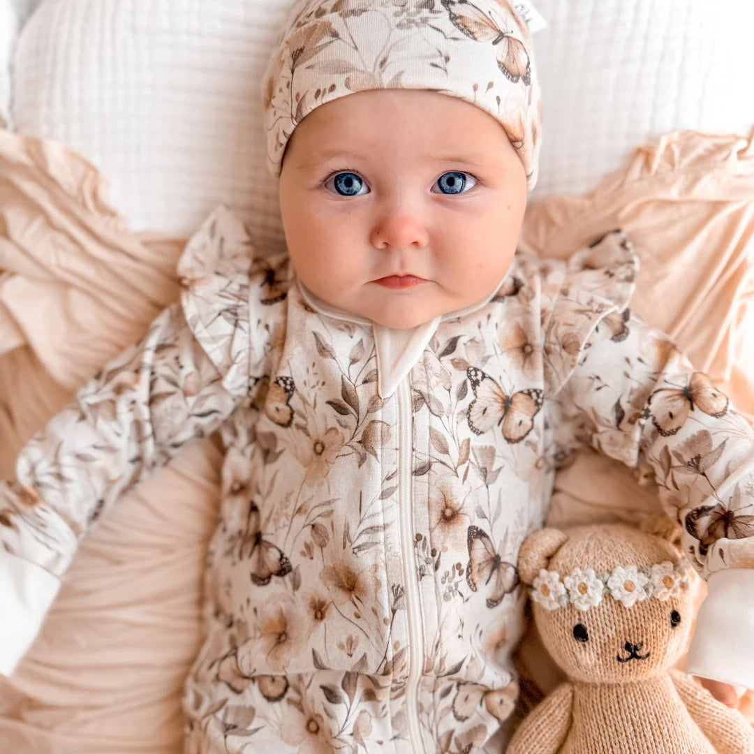 Sweet Butterfly Floral Print Long Sleeve Zipper Baby Jumpsuit