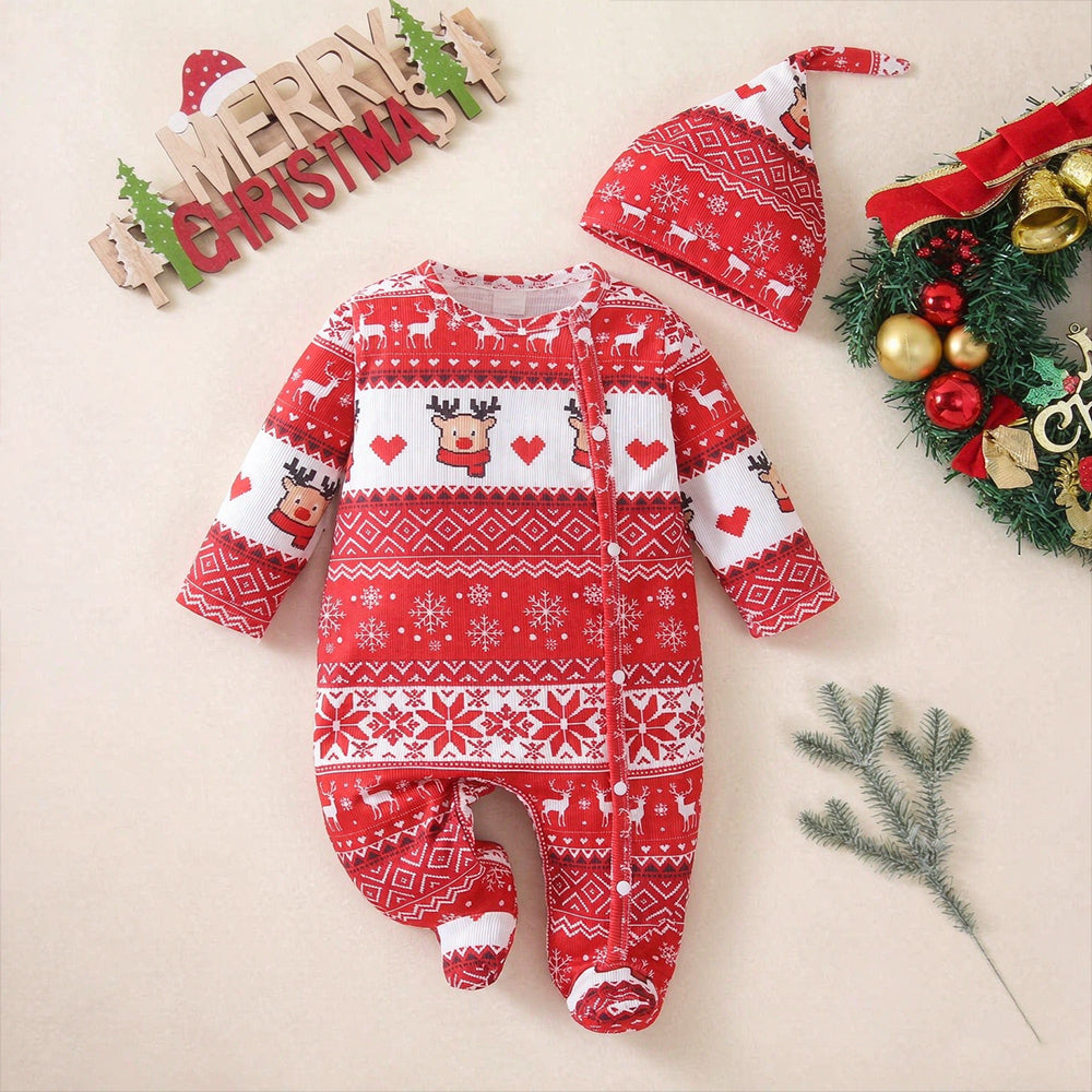 2PCS Cute Reindeer Snowflake Print Long Sleeve Baby Jumpsuit
