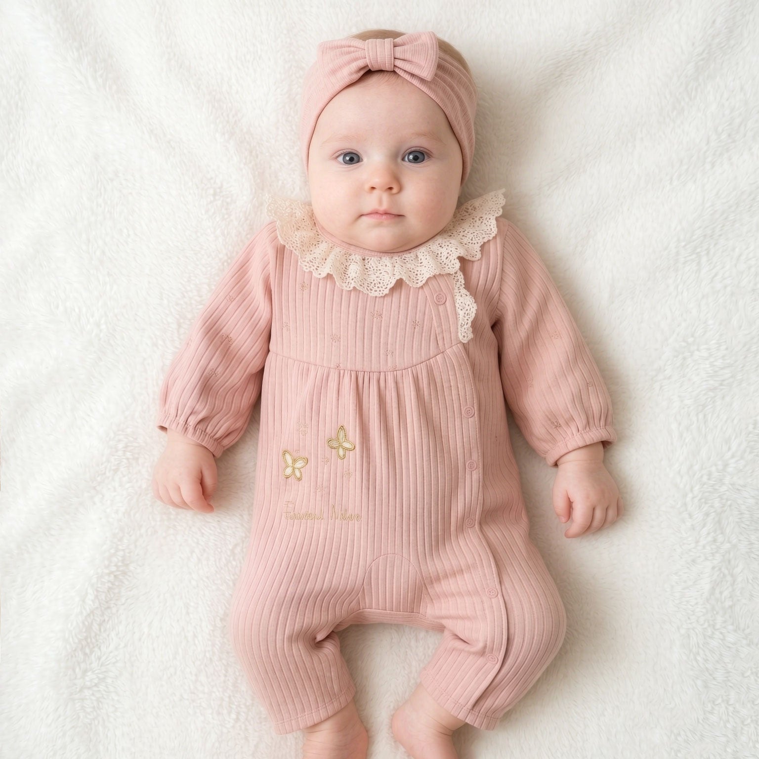 2PCS Solid Color Butterfly Embroidered Long Sleeve Lace Baby Jumpsuit