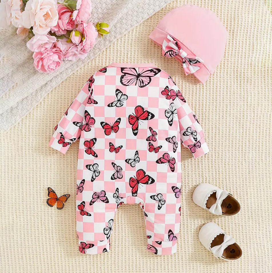 2PCS Sweet Butterfly Plaid Printed Long Sleeve Baby Jumpsuit