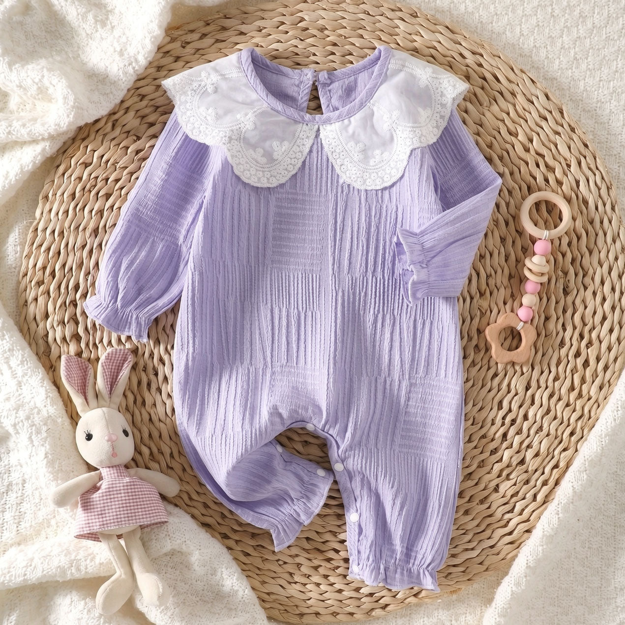 Sweet Solid Color Lace Lapel Long Sleeve Baby Girl Jumpsuit
