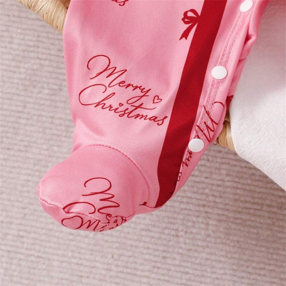 2PCS Christmas Bowknot Printed Long Sleeve Baby Jumpsuit