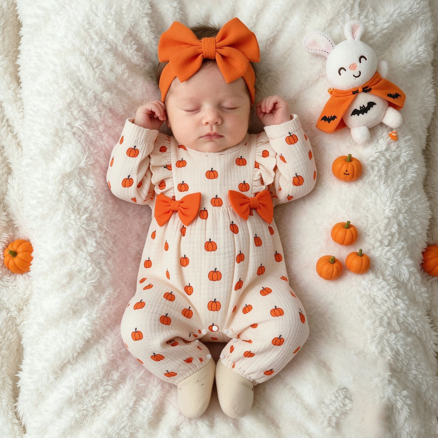 2PCS Sweet All-Over Pumpkin Print Long Sleeve Baby Jumpsuit