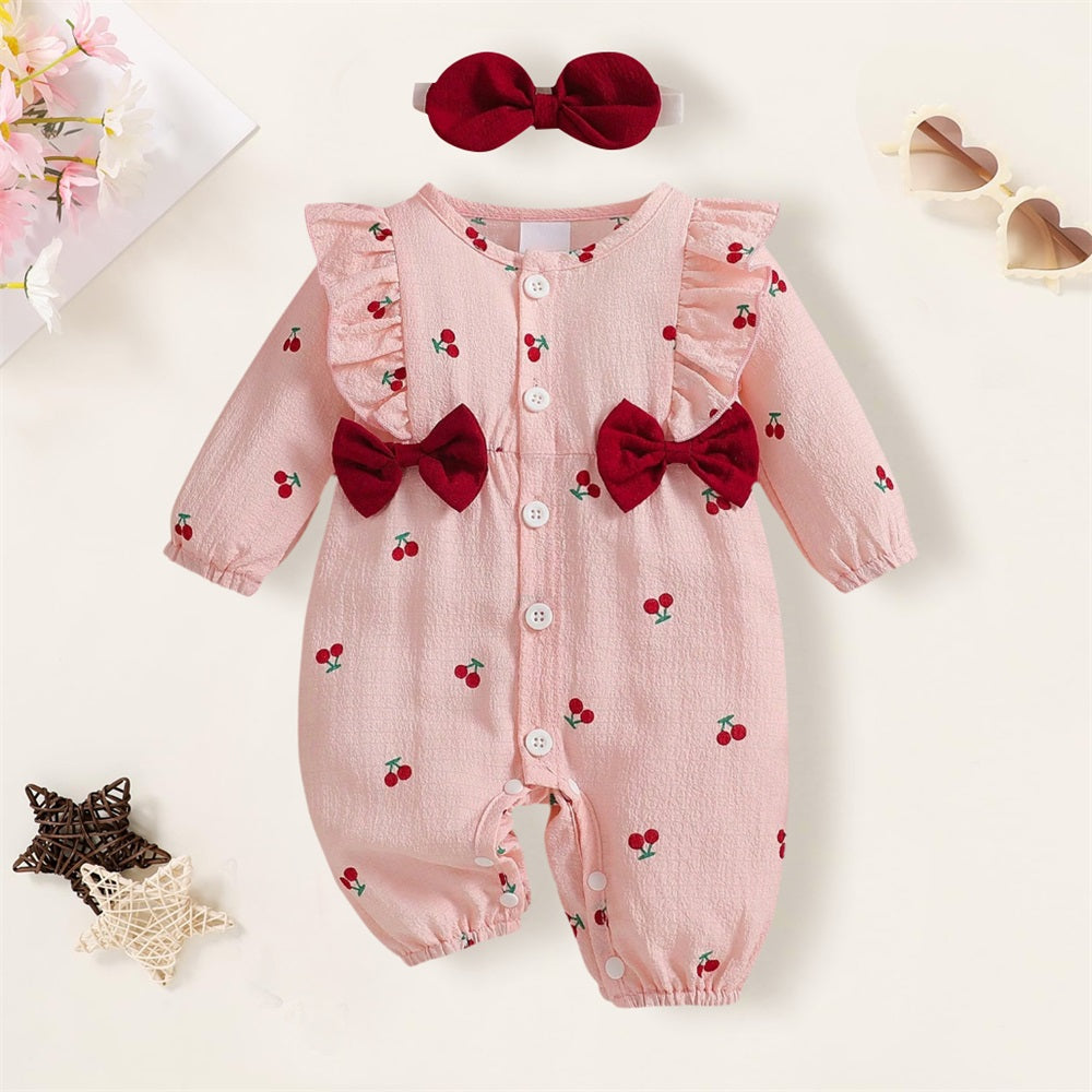 2PCS Cute Cherry Printed Bow Long Sleeve Baby Jumpsuit