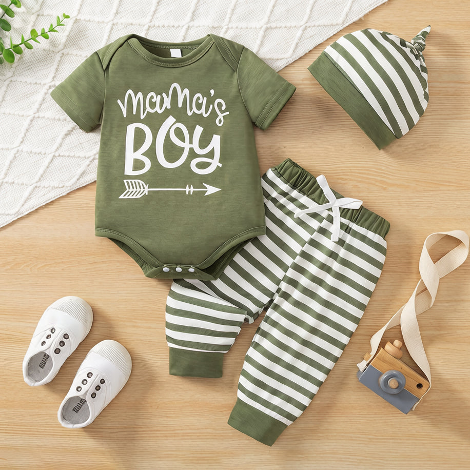3PCS Casual Mama's Boy Letter Stripe Print Short Sleeve Baby Set