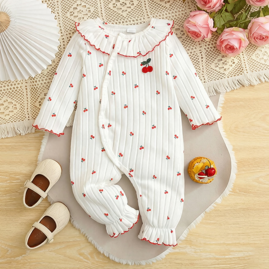 Comfy Cherry Printed Ruffle Trim Long Sleeve Baby Jumpsuit