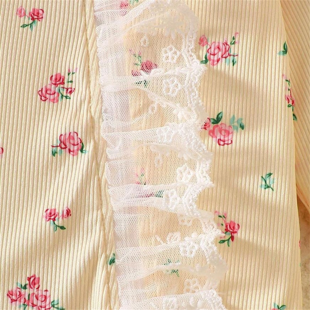2PCS Lovely Floral Printed Ruffle Lace Zipper Long Sleeve Baby Jumpsuit