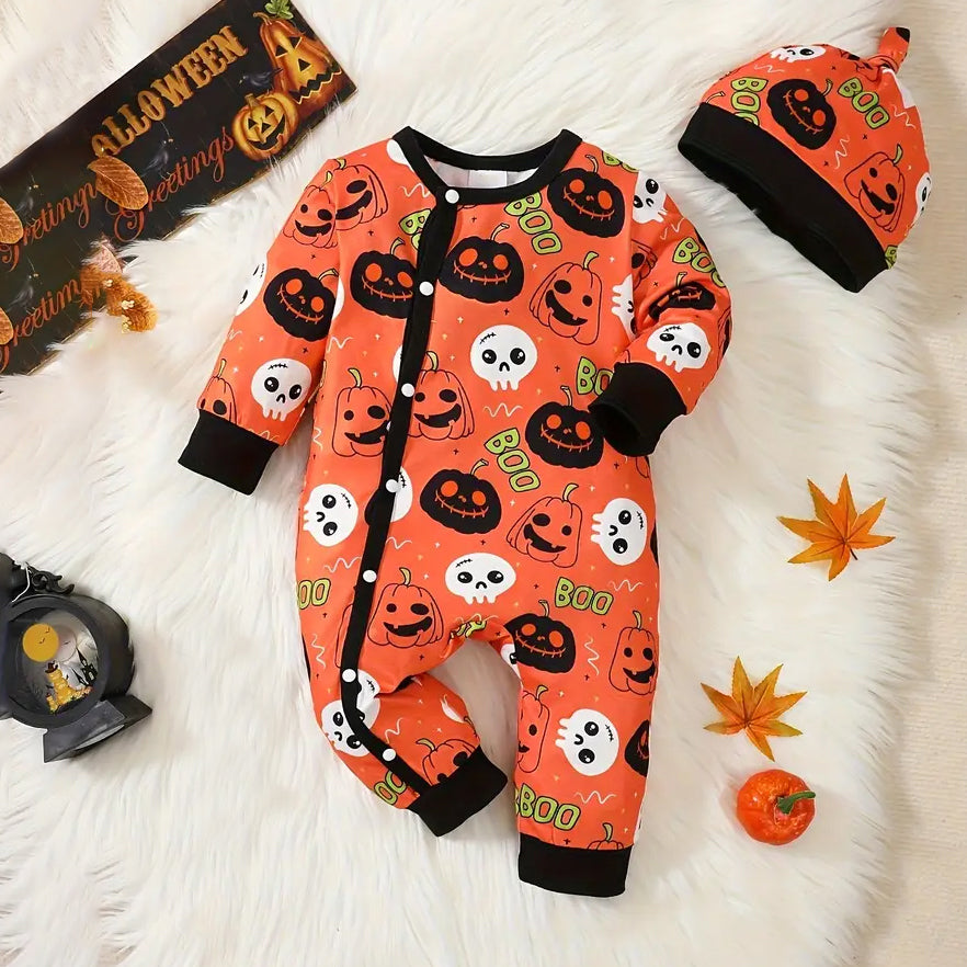 2PCS Pumpkin Skull Print Long Sleeve Baby Jumpsuit