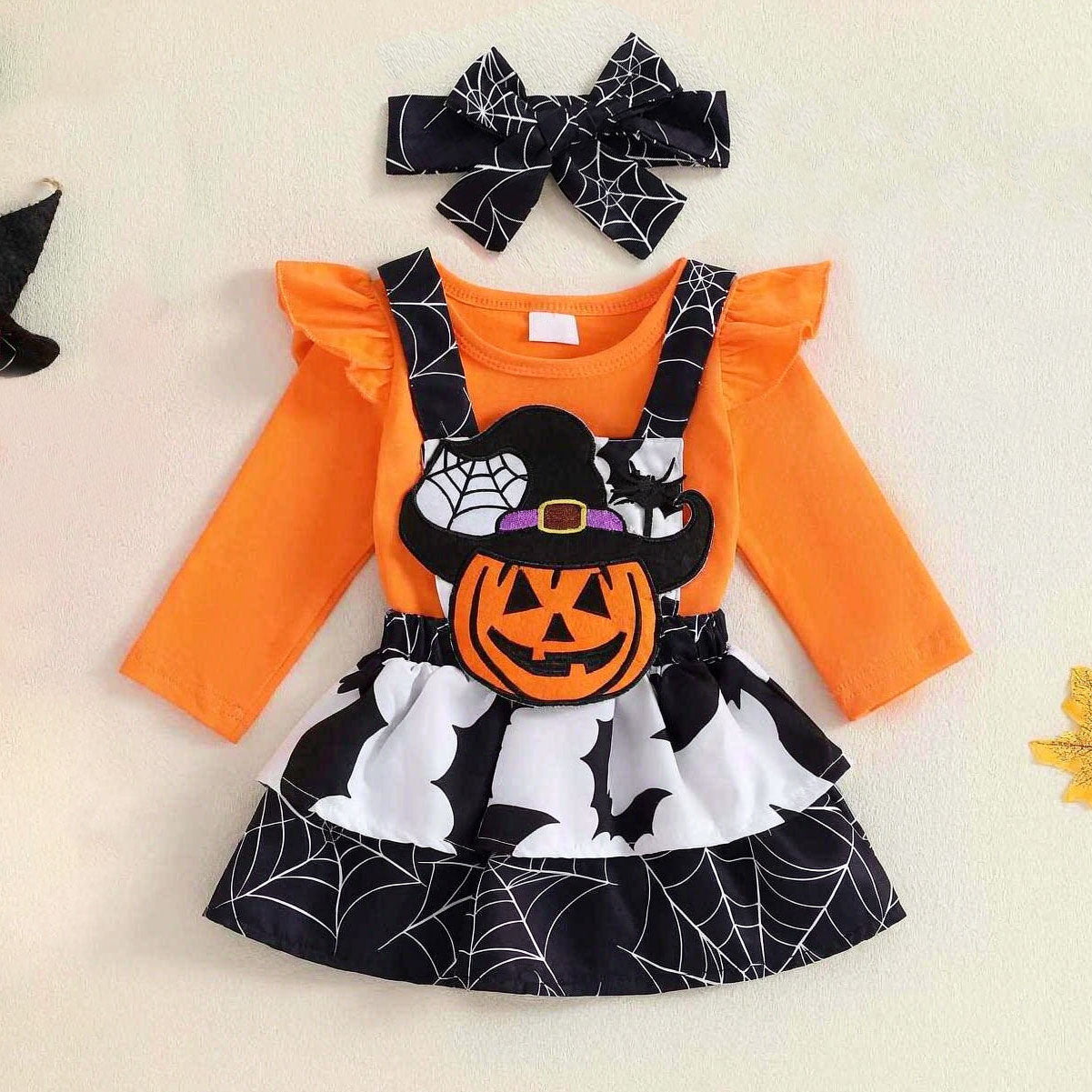 3PCS Halloween Pumpkin Bat Printed Long Sleeve Baby Set