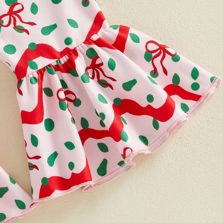 3PCS Merry Christmas Letter Tree Bow Print Long Sleeve Baby Girl Set