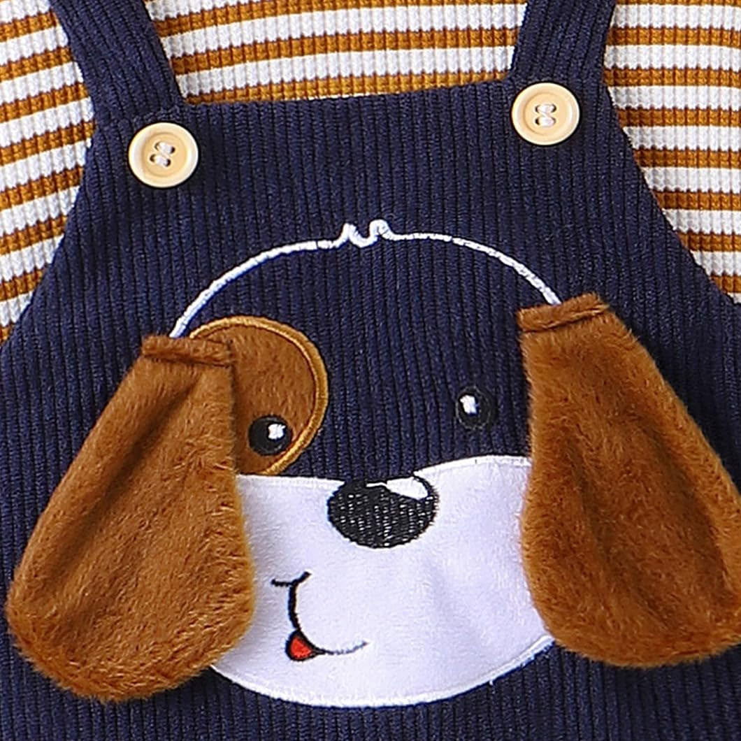 Cute Faux Layered Dog Applique Stripe Print Hooded Baby Jumpsuit
