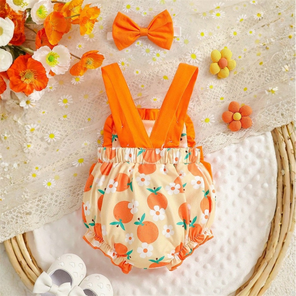 2PCS Casual Orange and Floral Printed Sleeveless Baby Romper