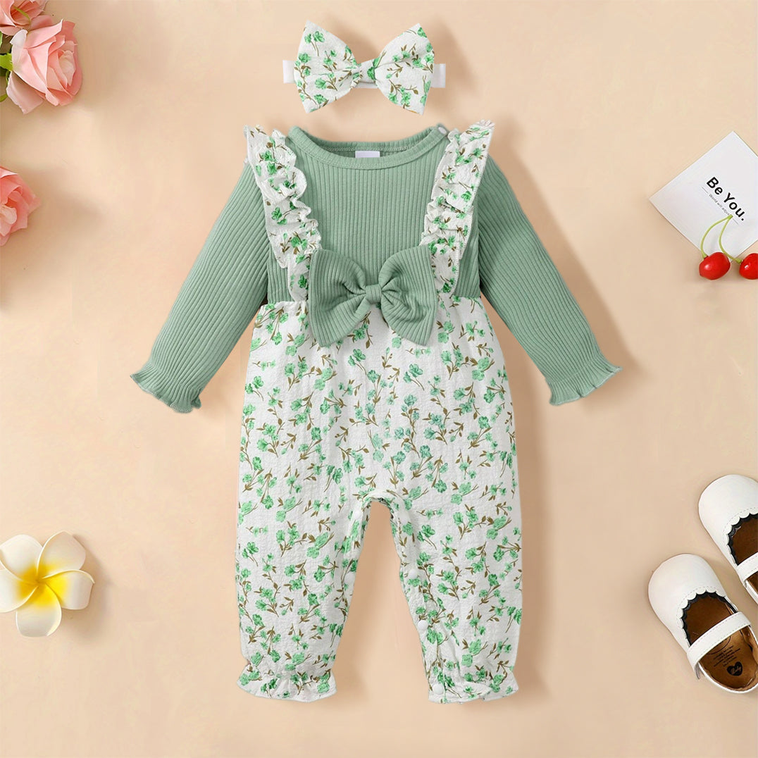 2PCS Fresh Floral Printed Bowknot Decoration Baby Jumpsuit