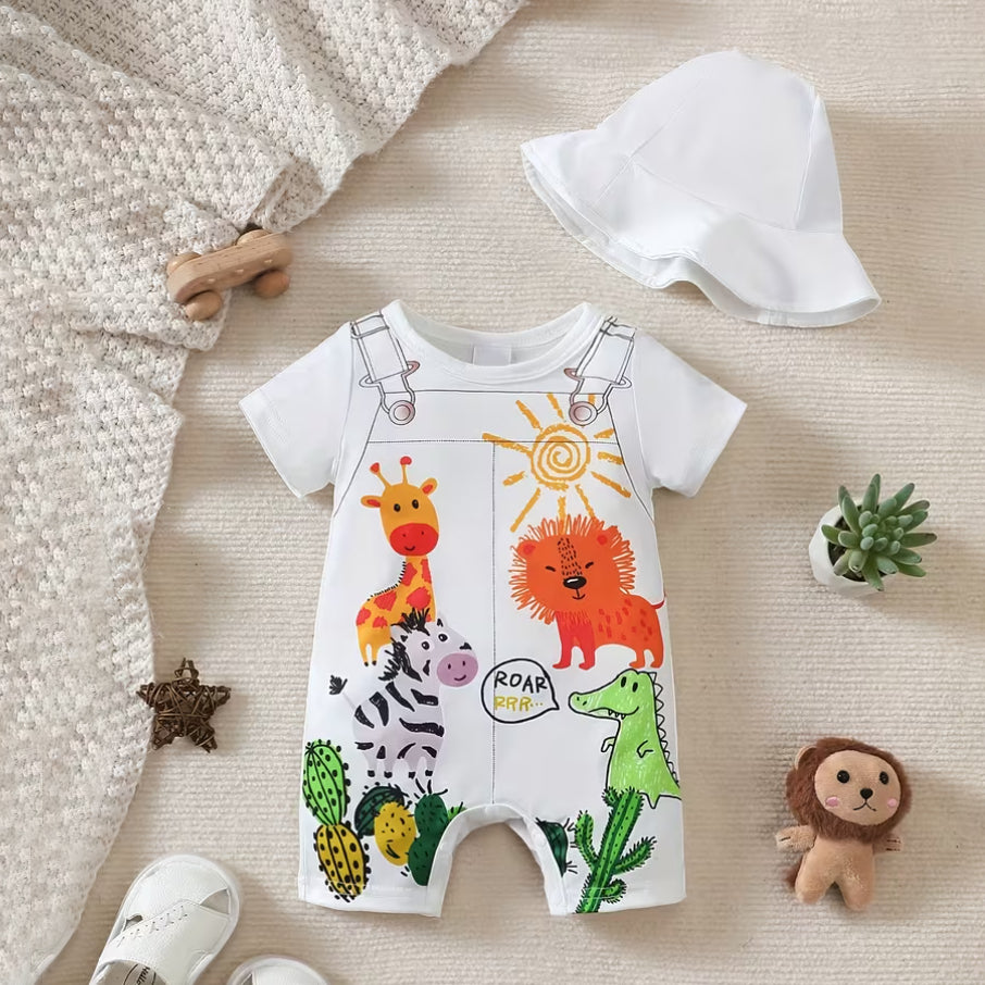 2PCS Casual Animal Printed Short Sleeve Baby Jumpsuit