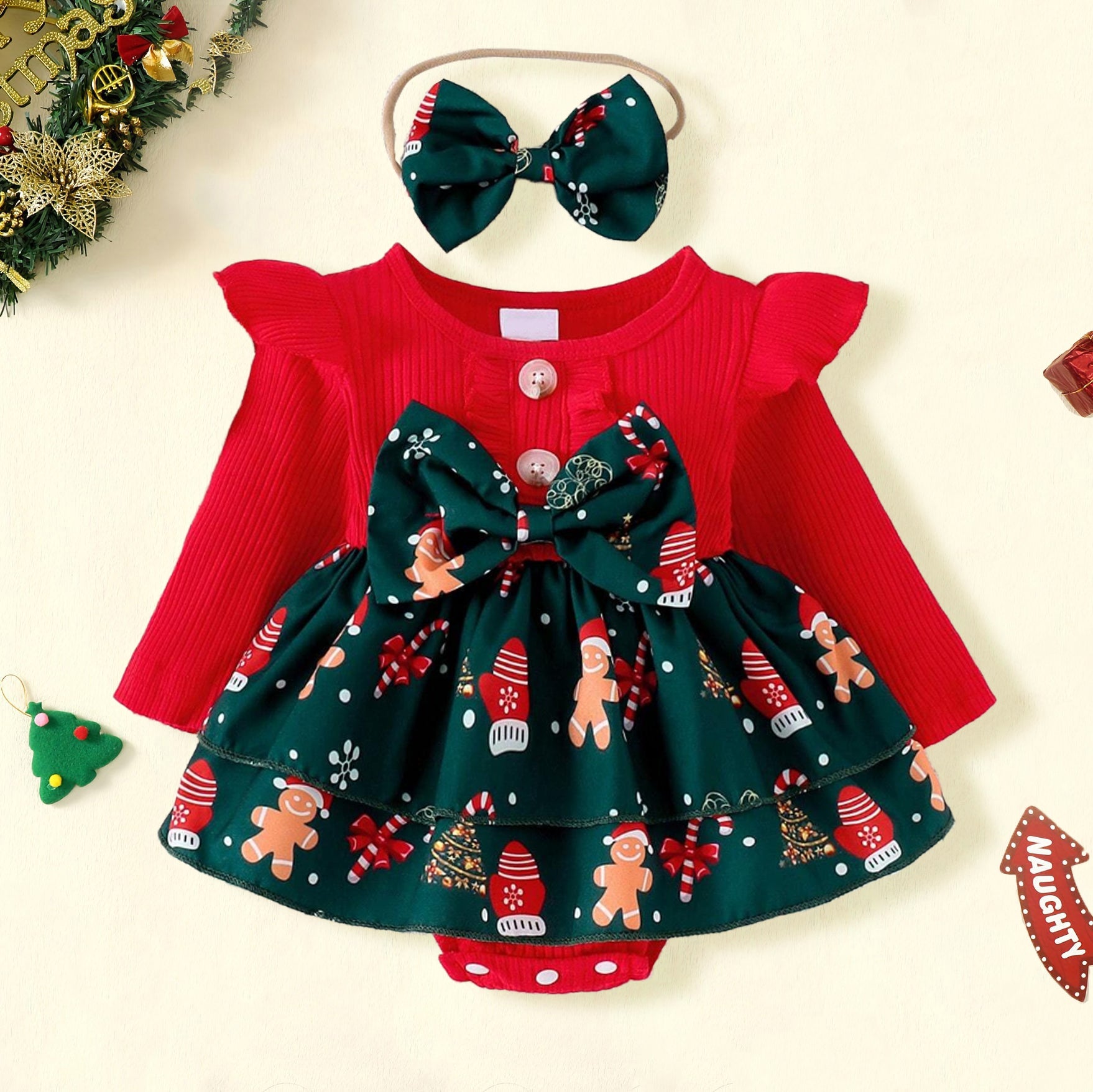 2PCS Christmas Gingerbread Printed Long Sleeve Baby Romper