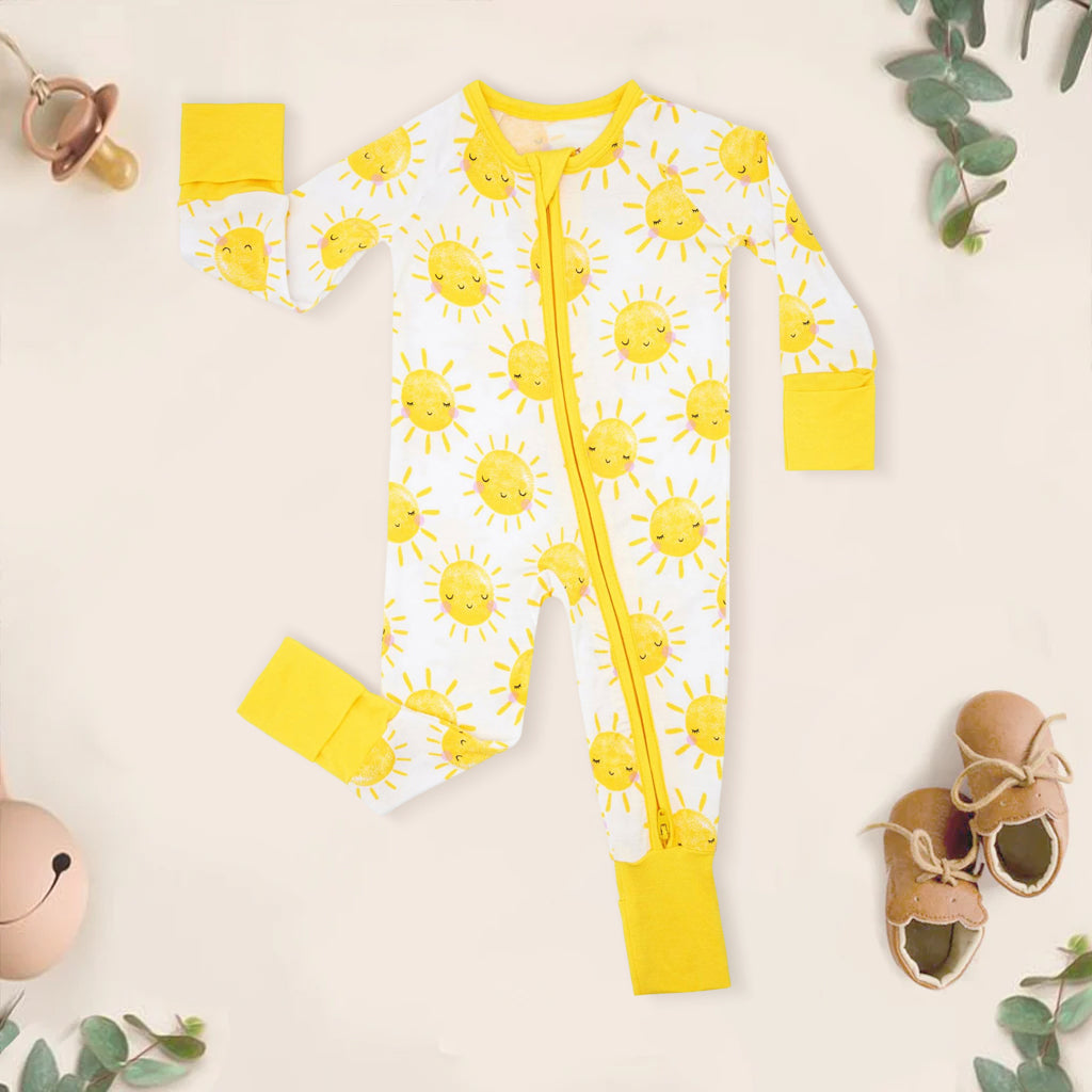 Cute Smiling Sun Printed Zipper Bamboo Viscose Baby Jumpsuit
