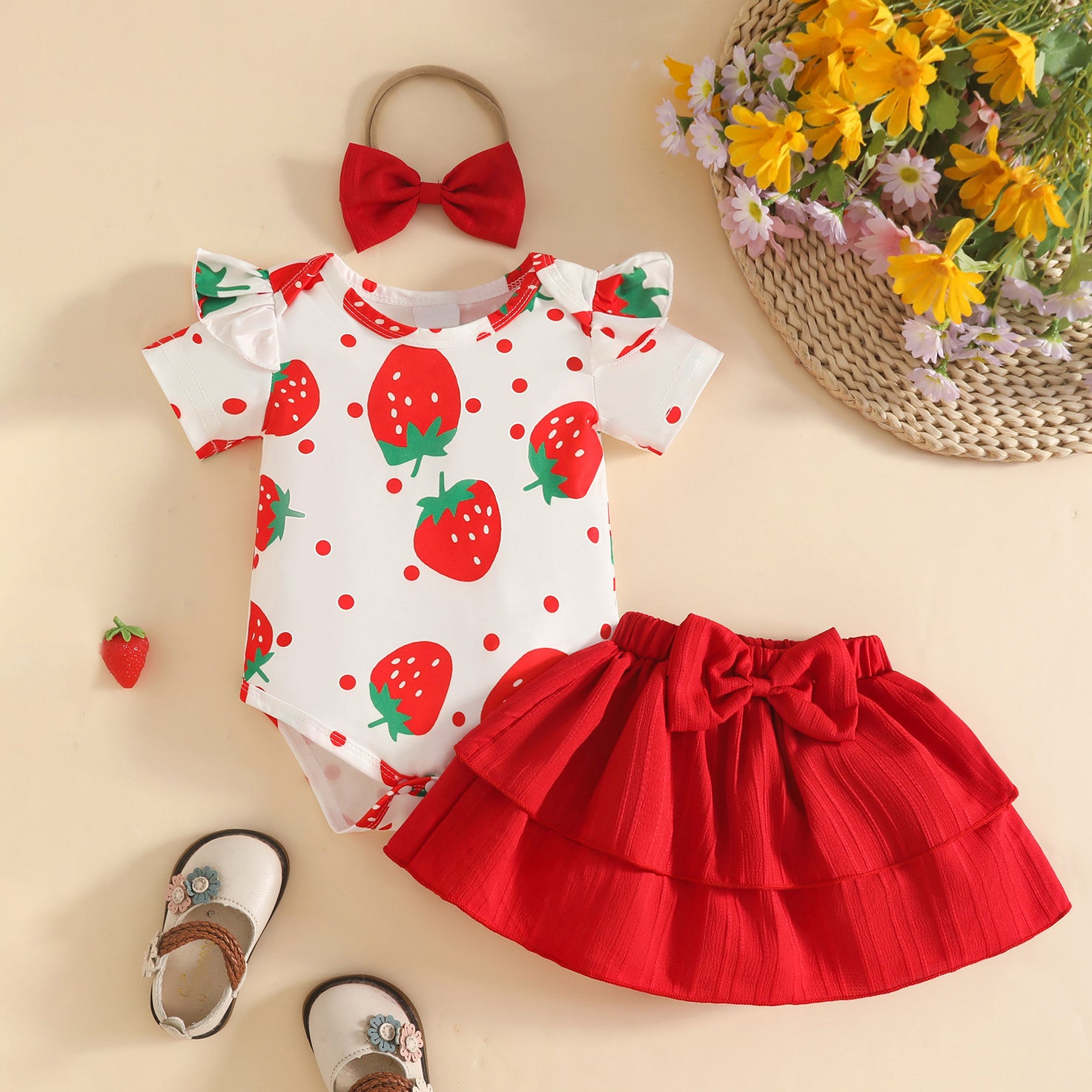 3PCS Summer Strawberry Print Short Sleeve Baby Set