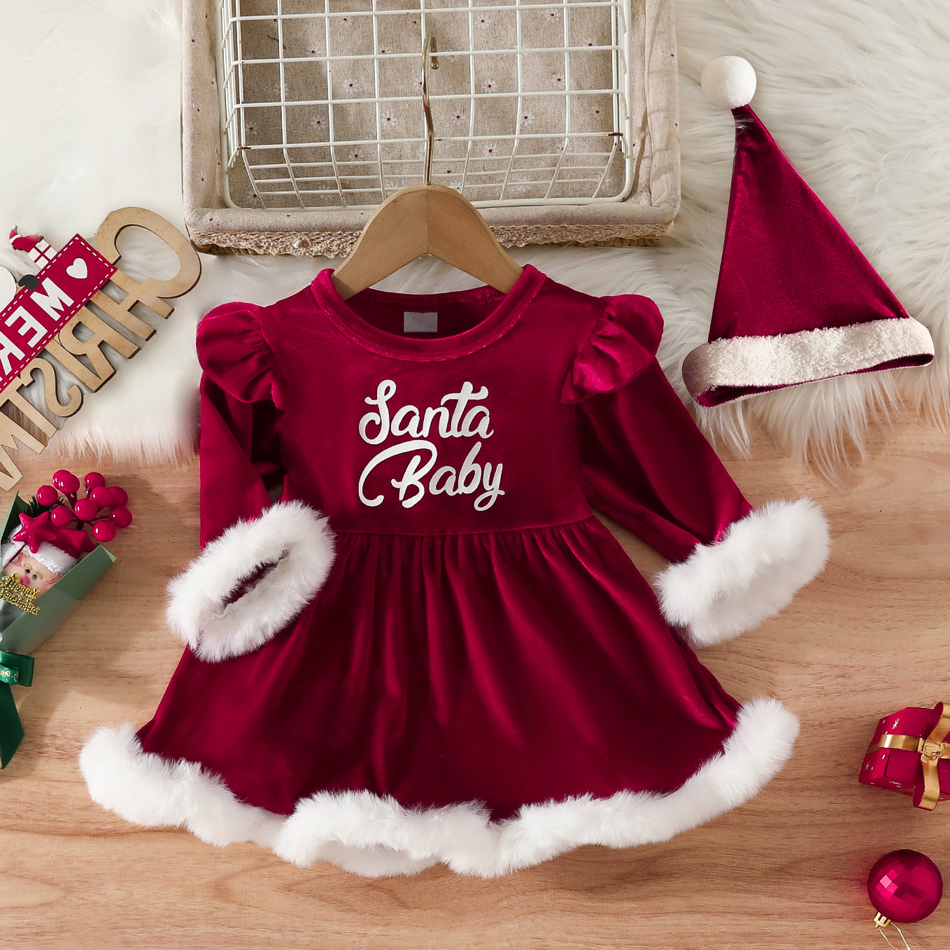 2PCS Christmas Santa Baby Letter Printed Baby Girl Dress