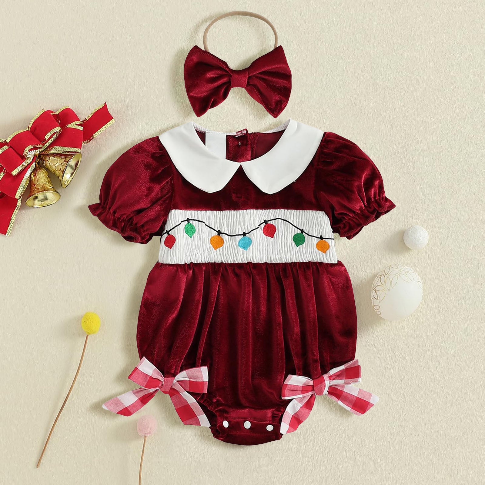 2PCS Christmas Plaid Printed Solid Color Velvet Baby Romper