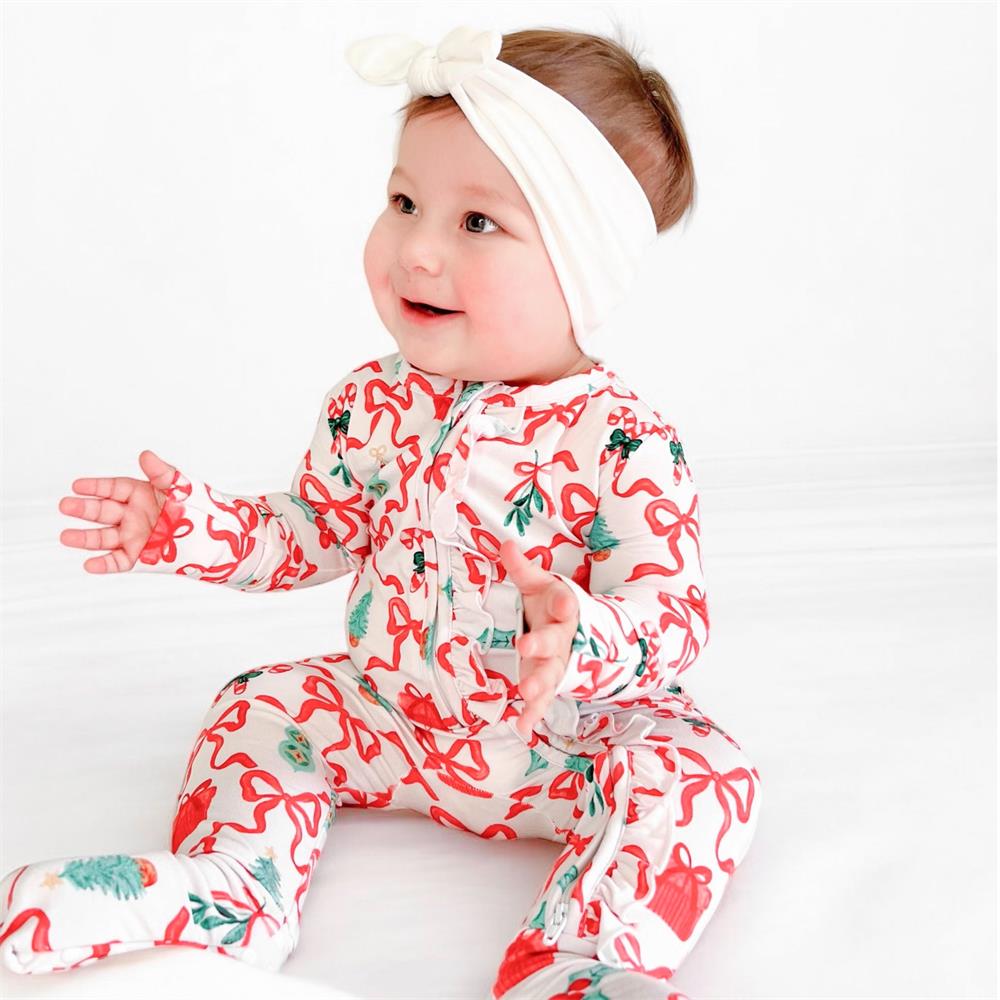 Cute Christmas Bow Print Ruffle Long Sleeve Baby Jumpsuit