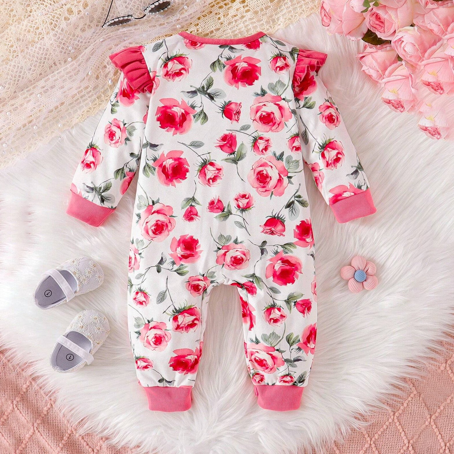 Elegant Floral Printed Long Sleeve Zipper Baby Jumpsuit