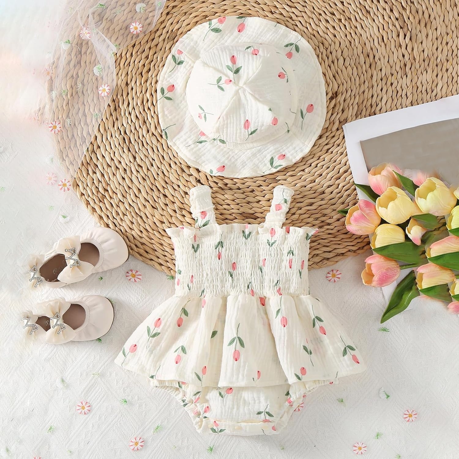 2PCS Charming Floral Printed Sleeveless Baby Romper
