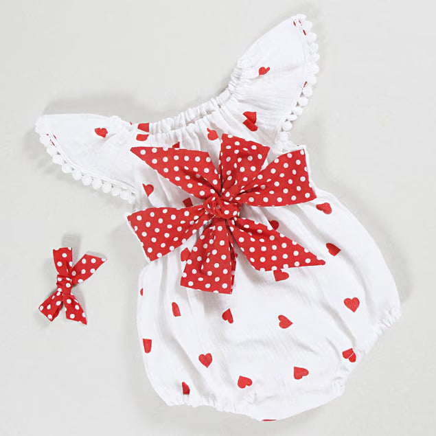 Cute Heart Print Bowknot Flutter Sleeve Baby Romper