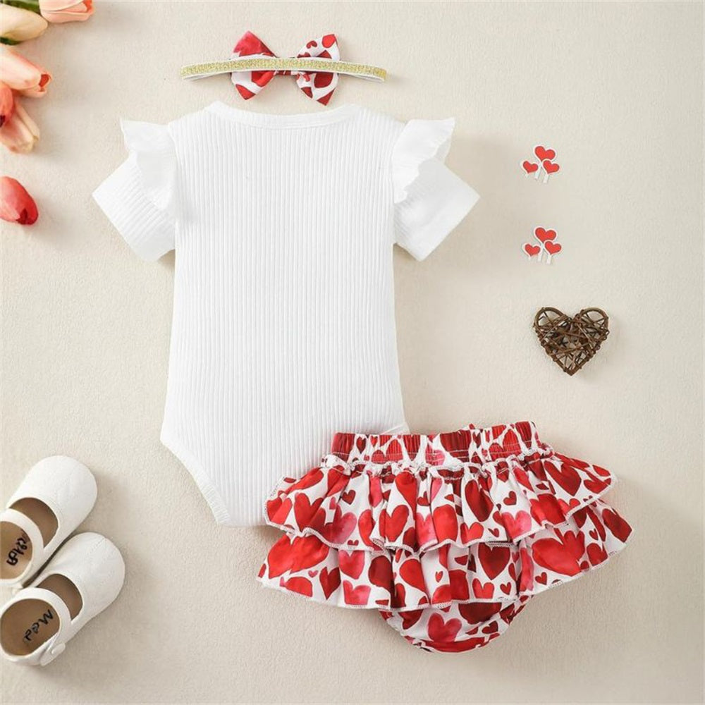 3PCS My First Valentine Letter Heart Print Short Sleeve Baby Set