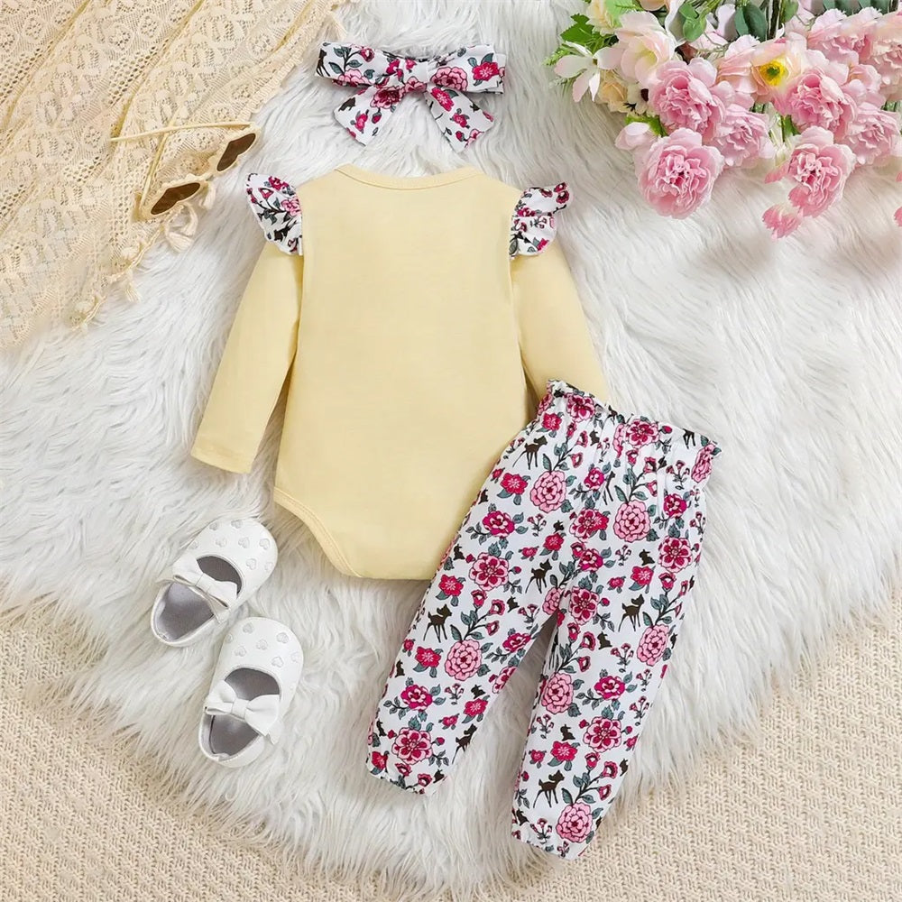 3PCS Floral and Deer Print Long Sleeve Baby Set