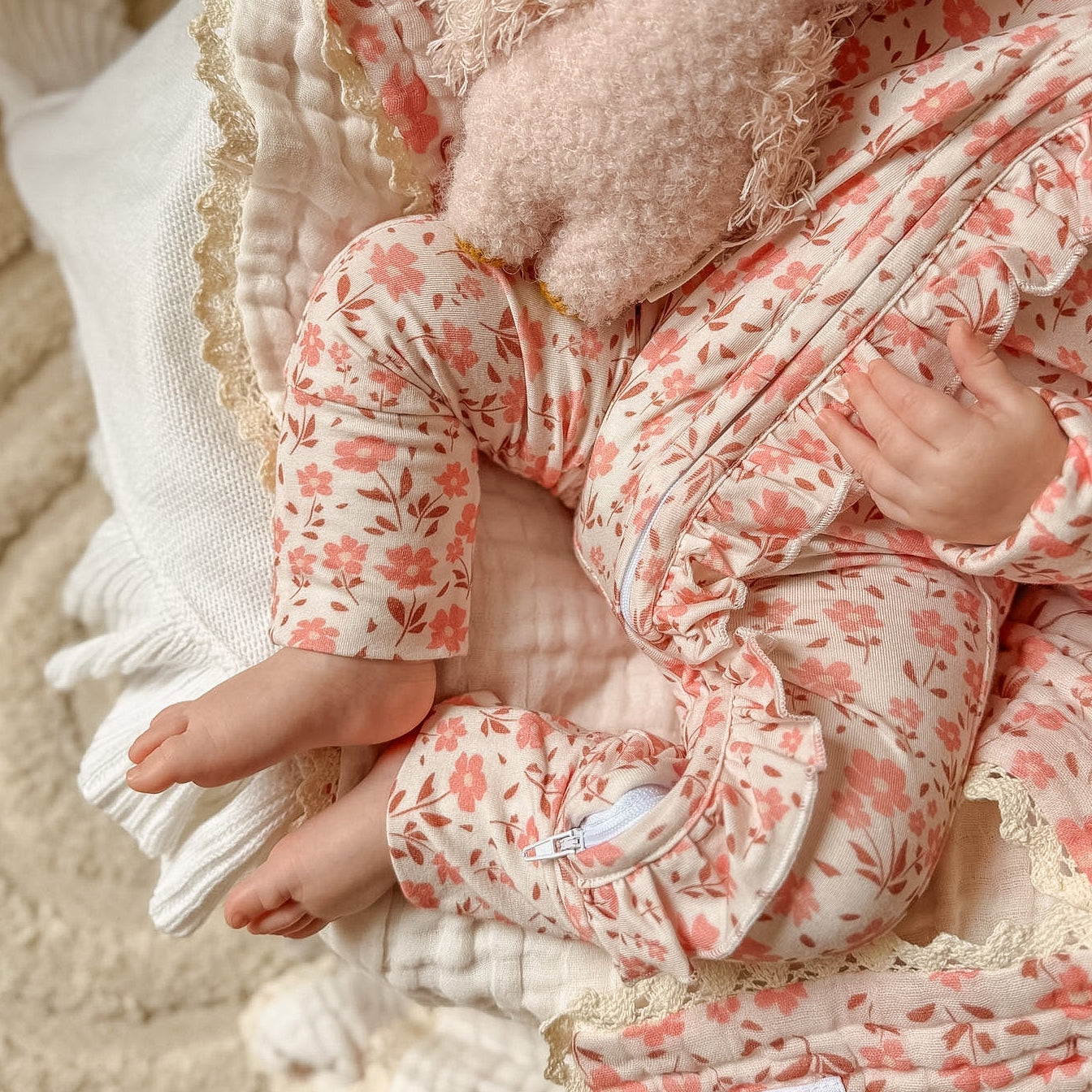 2PCS Delicate Floral Print Ruffle Zipper Long Sleeve Baby Jumpsuit