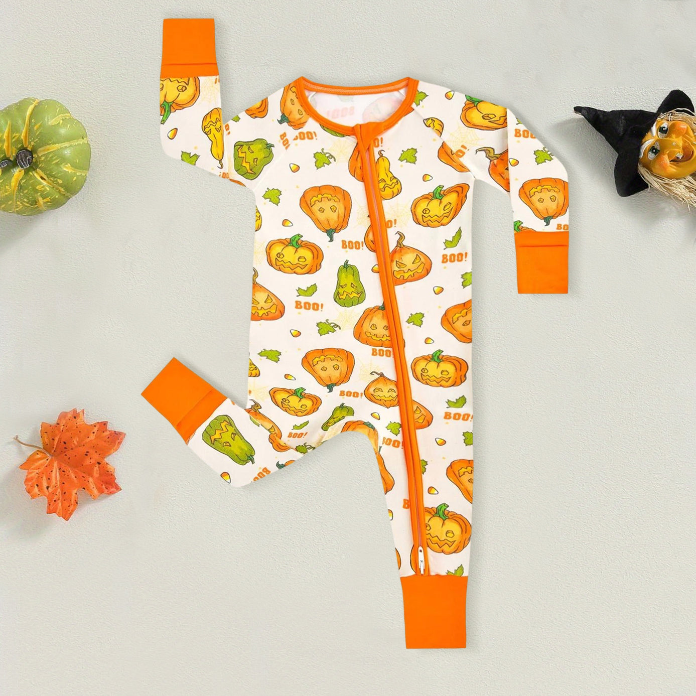 Funny Pumpkin Printed Halloween Bamboo Viscose Baby Jumpsuit
