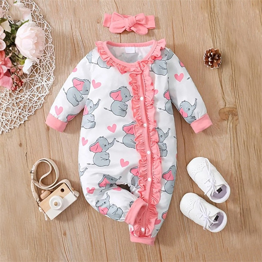 2PCS Cute Elephant Print Frill Trim Long Sleeve Baby Jumpsuit