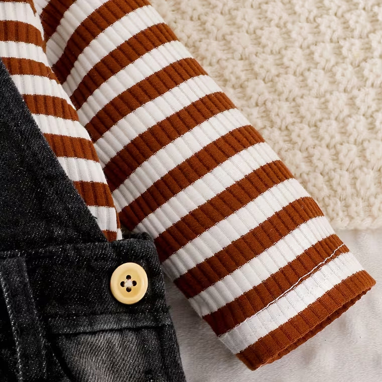 2PCS Stripe Print Denim Overalls Baby Set