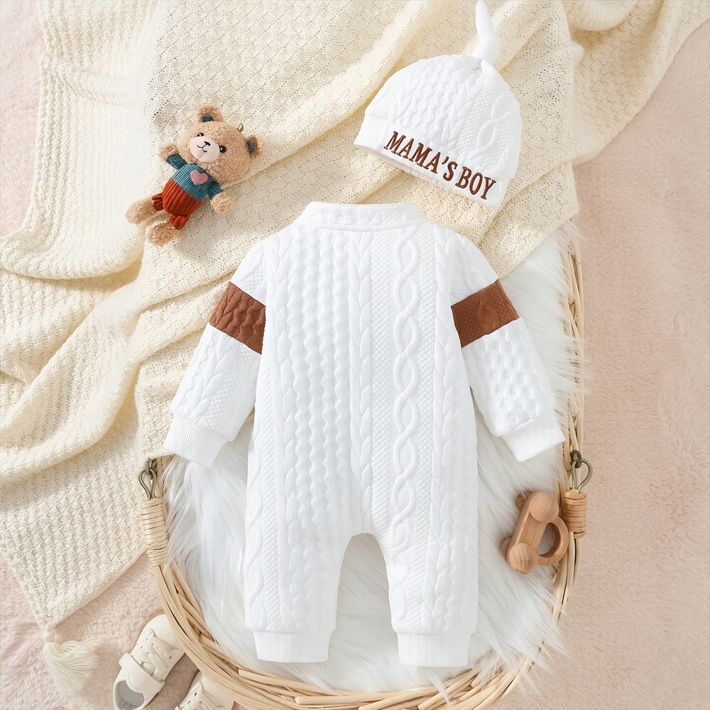 2PCS Cozy "Mama's Boy" Bear Applique Long Sleeve Knitted Baby Jumpsuit