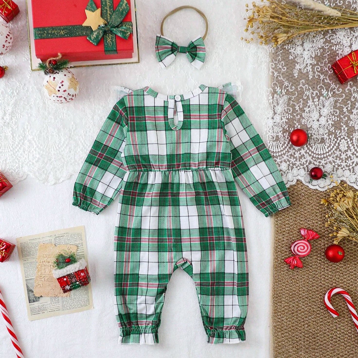 2PCS Adorable Bear Plaid Printed Long Sleeve Baby Jumpsuit