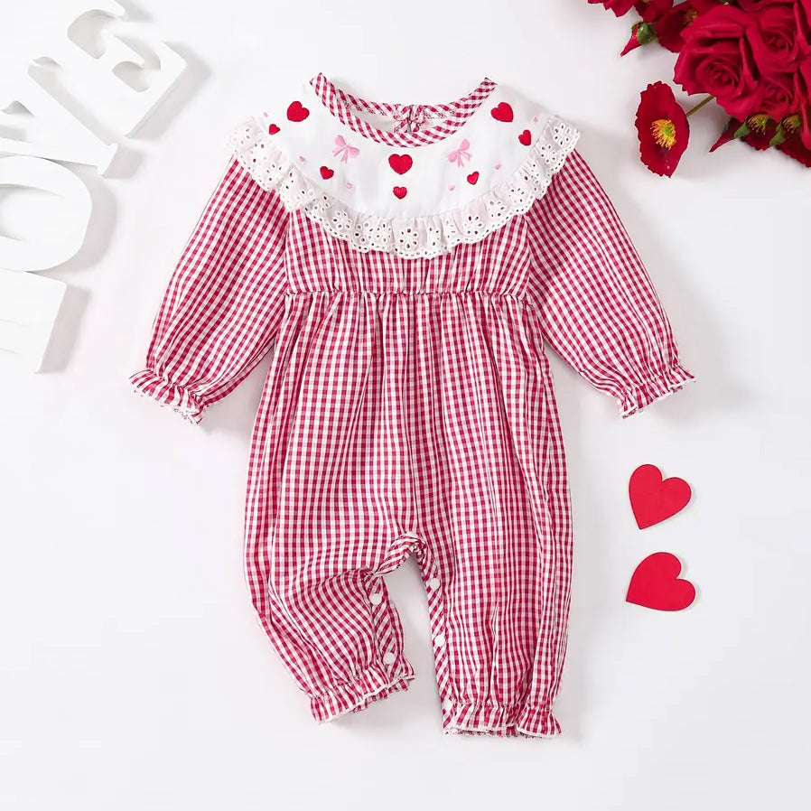 Adorable Plaid Printed Lace Trim Long Sleeve Baby Jumpsuit